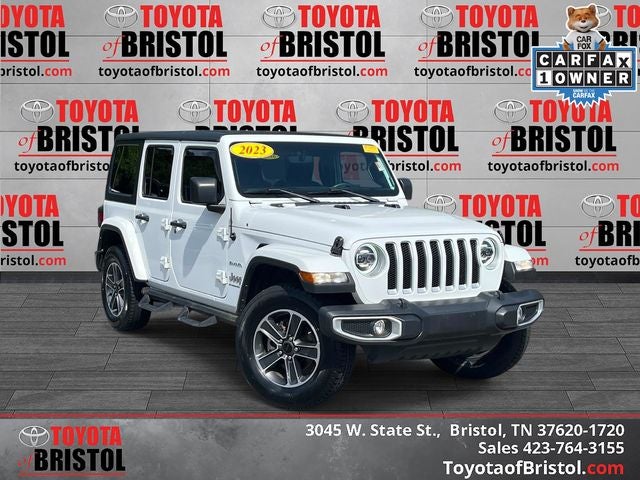 2023 Jeep Wrangler Sahara in Bright White Clearcoat — front three-quarter view